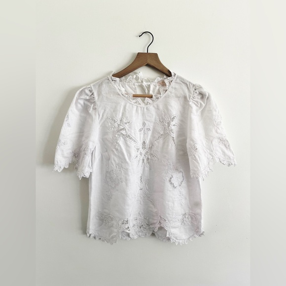 Rebecca Taylor Terri Top Embroidered Blouse Linen White Medium Milk - Picture 5 of 11